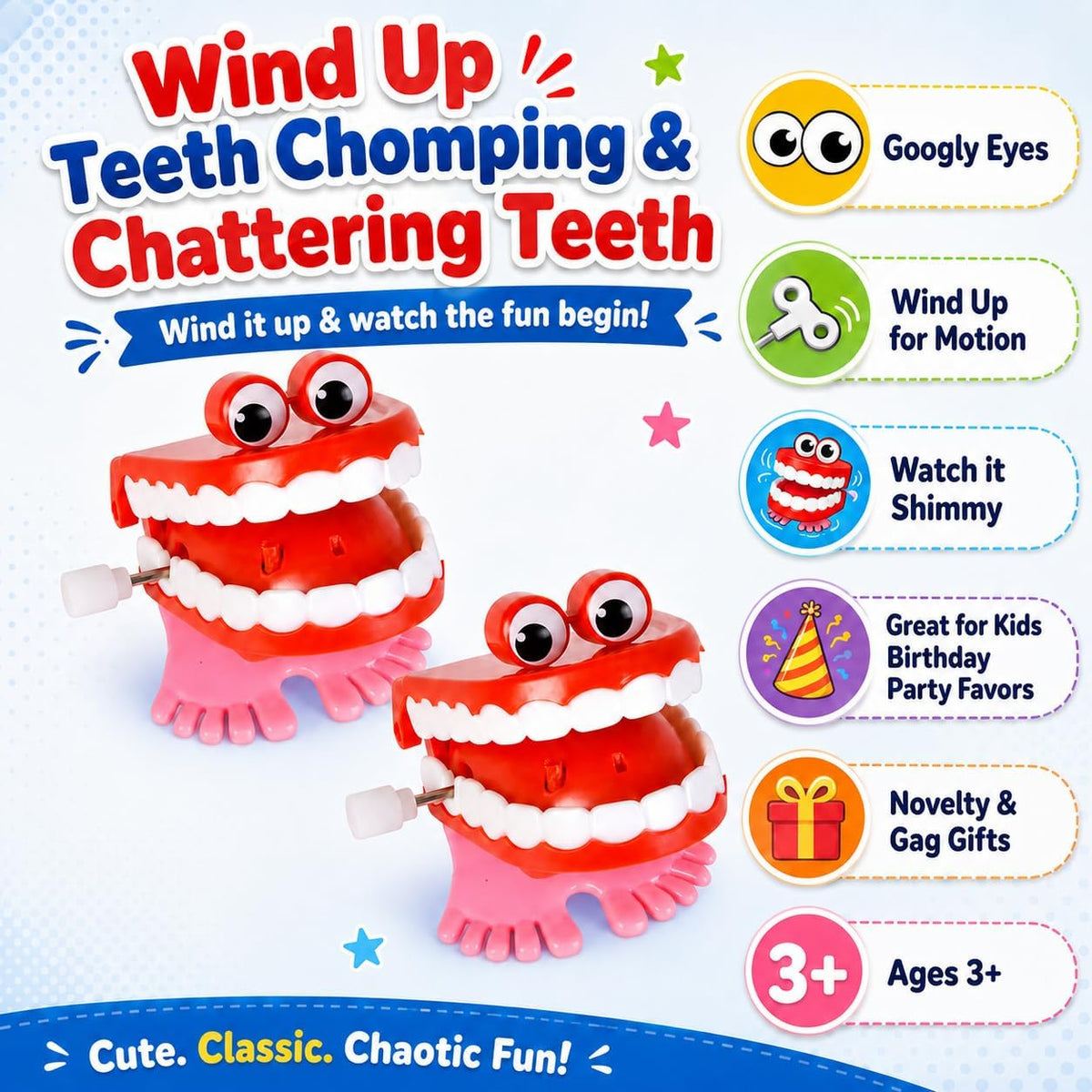 The Dreidel Company 2 pack of 1.75 inch wind up chattering teeth with googly eyes - view 5