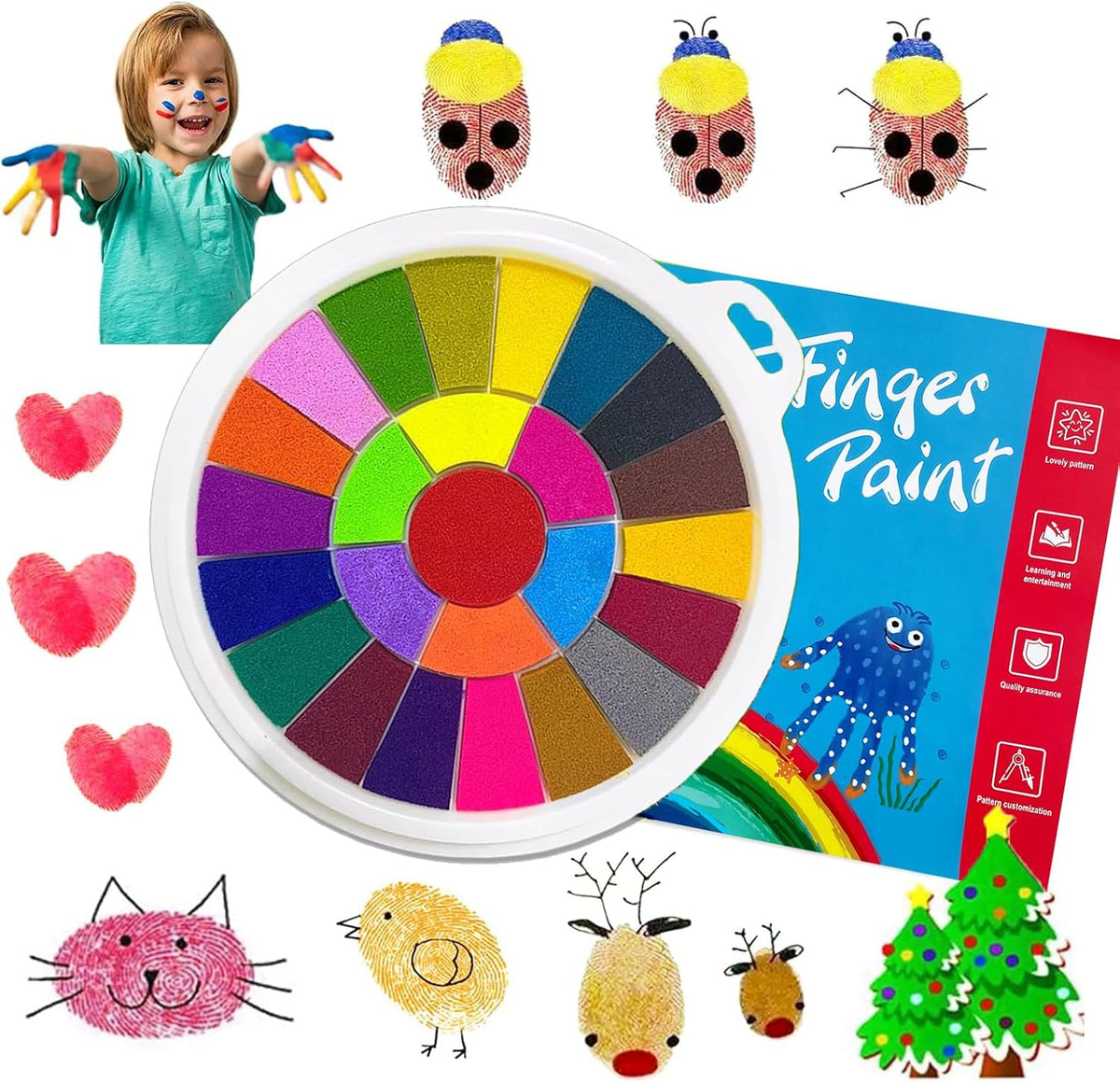 Fottaqqan finger painting kit for kids with 25 color round ink pad and picture album