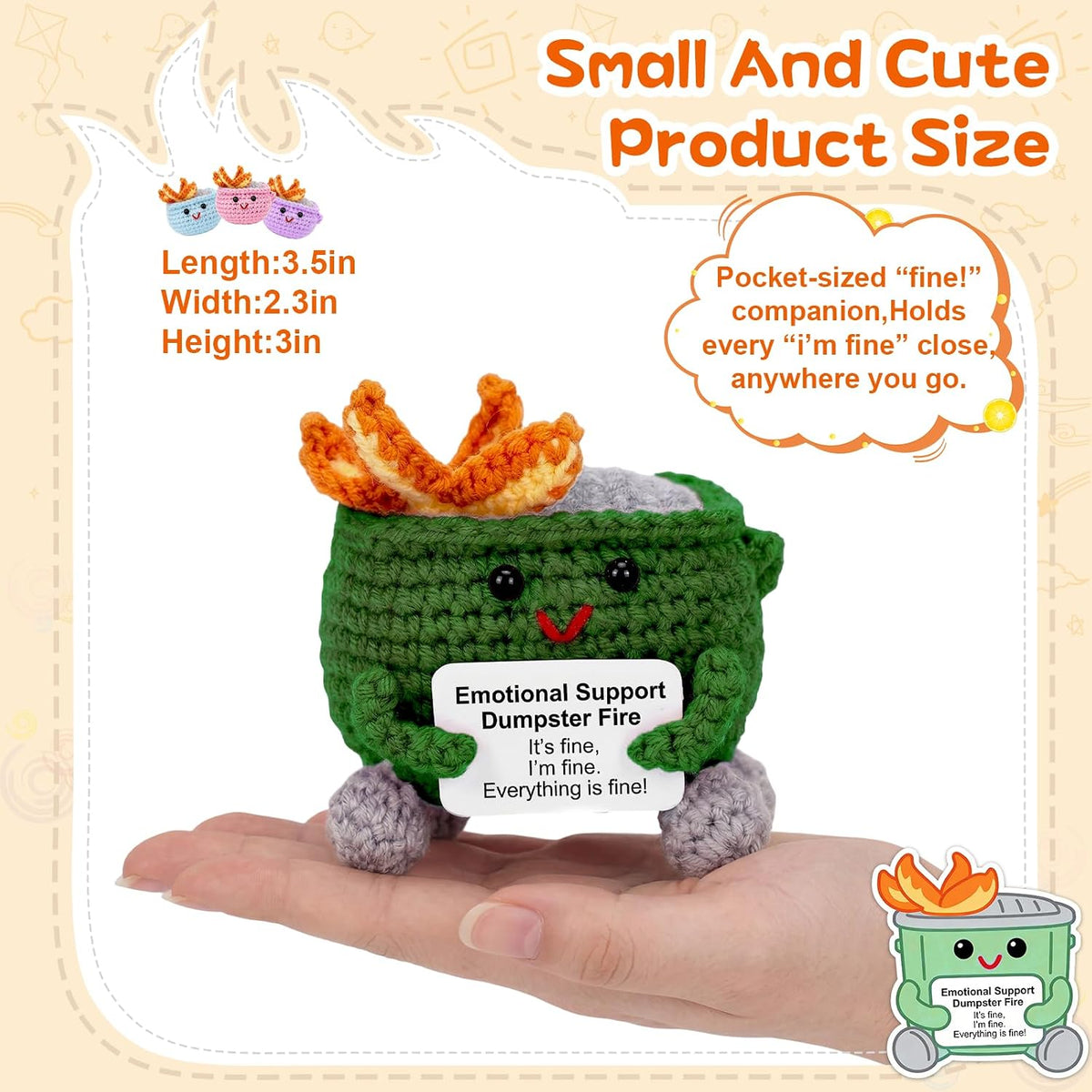 Megele 7-pack crochet dumpster fire desk figures in different colors with positive cards - view 5