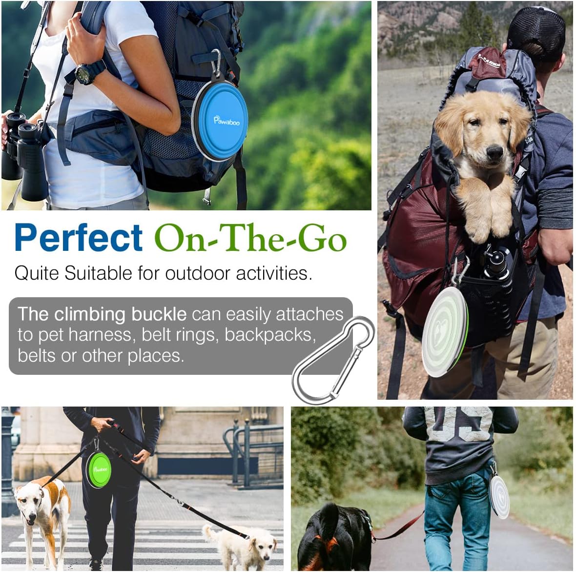Pawaboo Collapsible Travel Dog Bowls 2 Pack with Lids&Carabiners - 450ml(Pack of 2) / Blue + Green - image 3