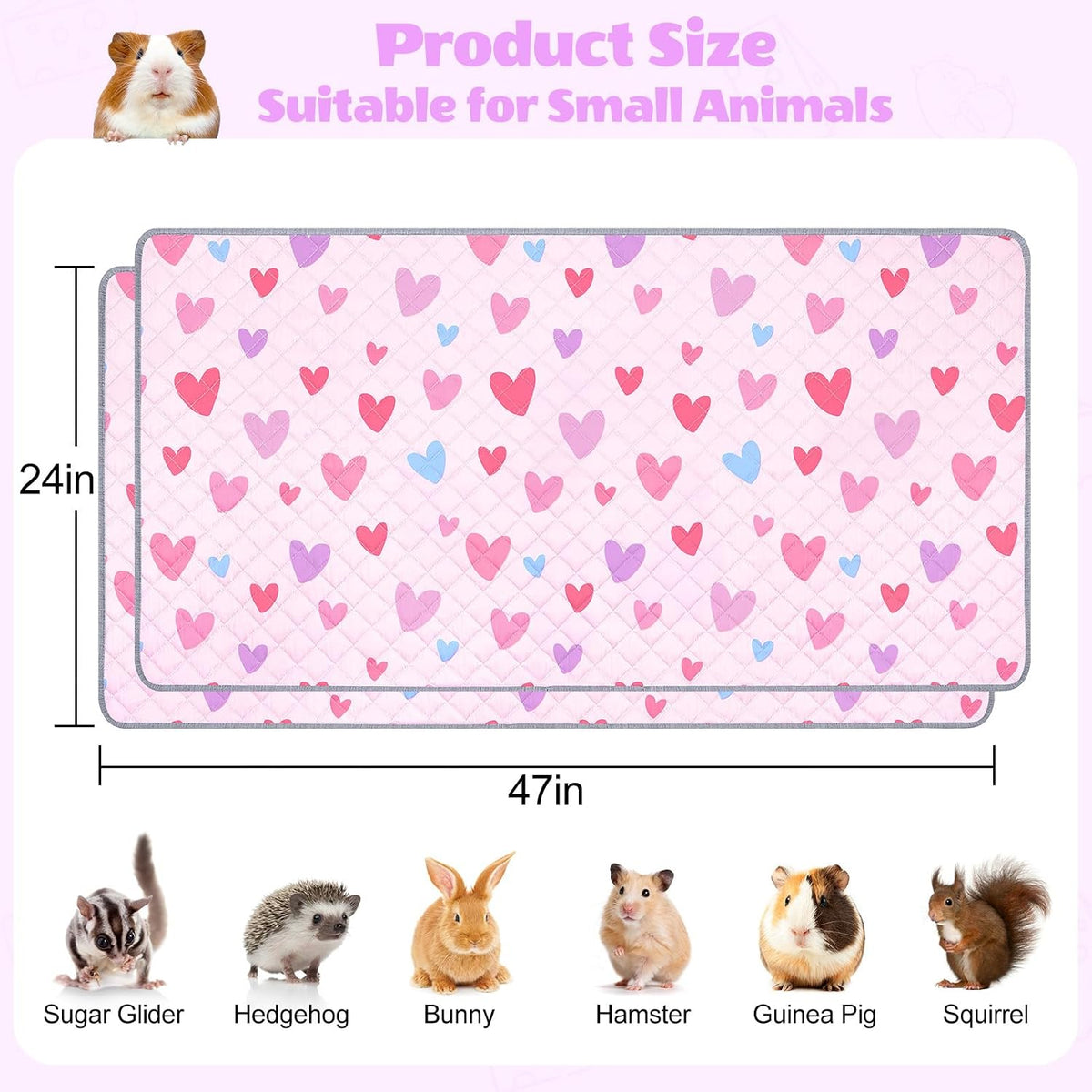Unicorn Catcher 2 Pack Washable Guinea Pig Cage Liner - Pink Heart / 47X24in - image 3
