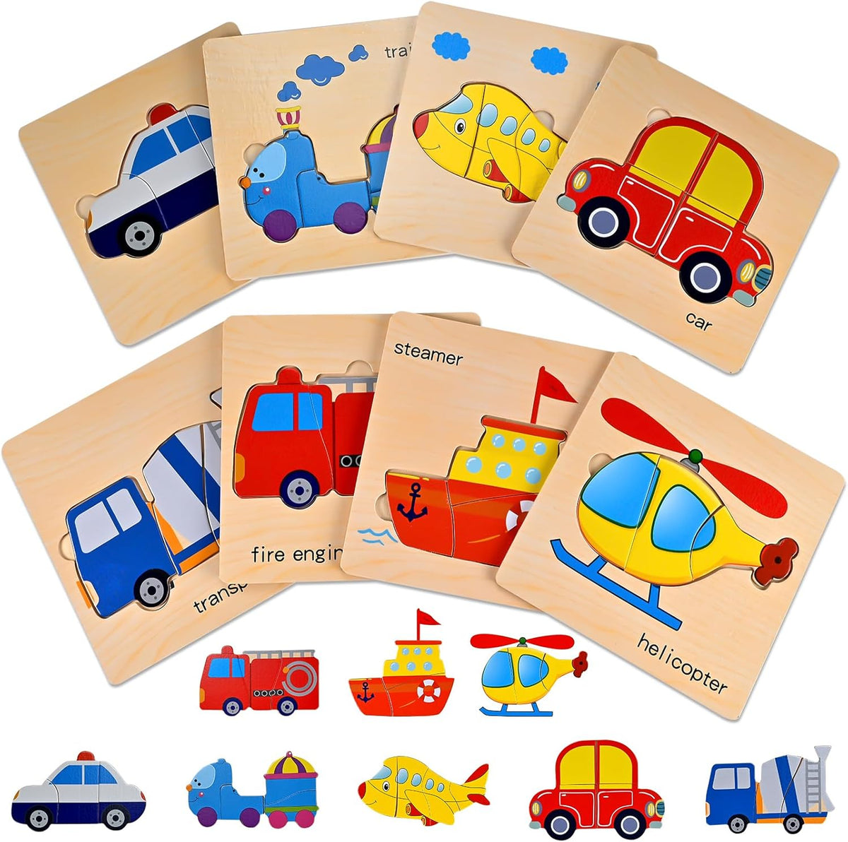 8pcs Wooden Puzzles for Toddlers 1-3, Toddler Puzzles Ages 2-4 – Fun for Kids & Family - Vehicle Theme
