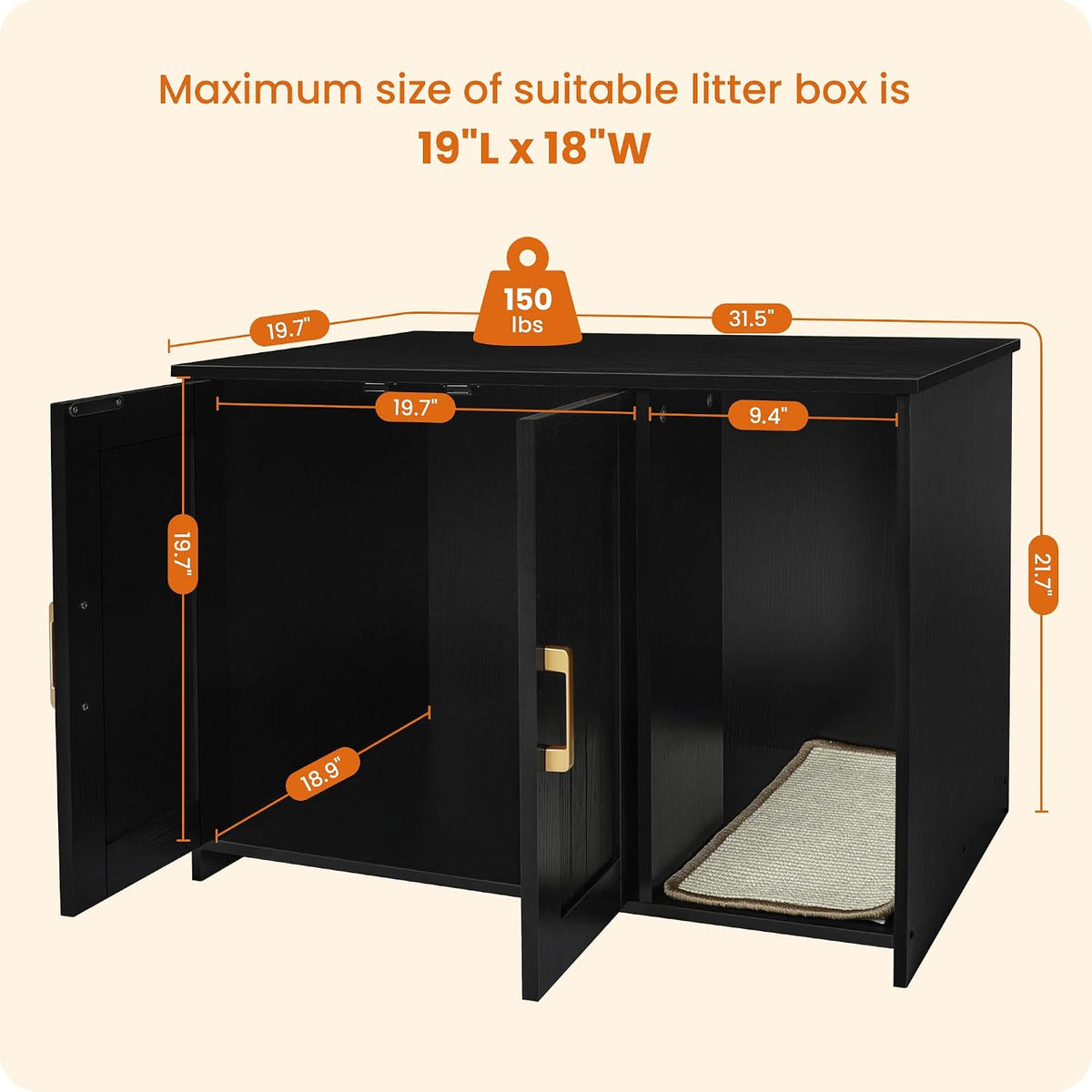 Cat Litter Box Enclosure, with Scratching Mat - Black / 31.5"L x 19.7"W x 21.7"H - image 4