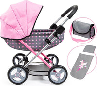 Bayer foldable doll pram carriage in grey and pink fairy polka dot print