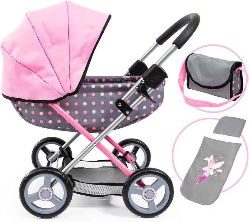 Bayer foldable doll pram carriage in grey and pink fairy polka dot print