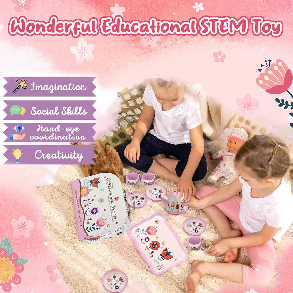 Lajeje Pretend Play Tea Set for Little Girls Ages 3-8 - Flower Tin Teapot Set - image 4