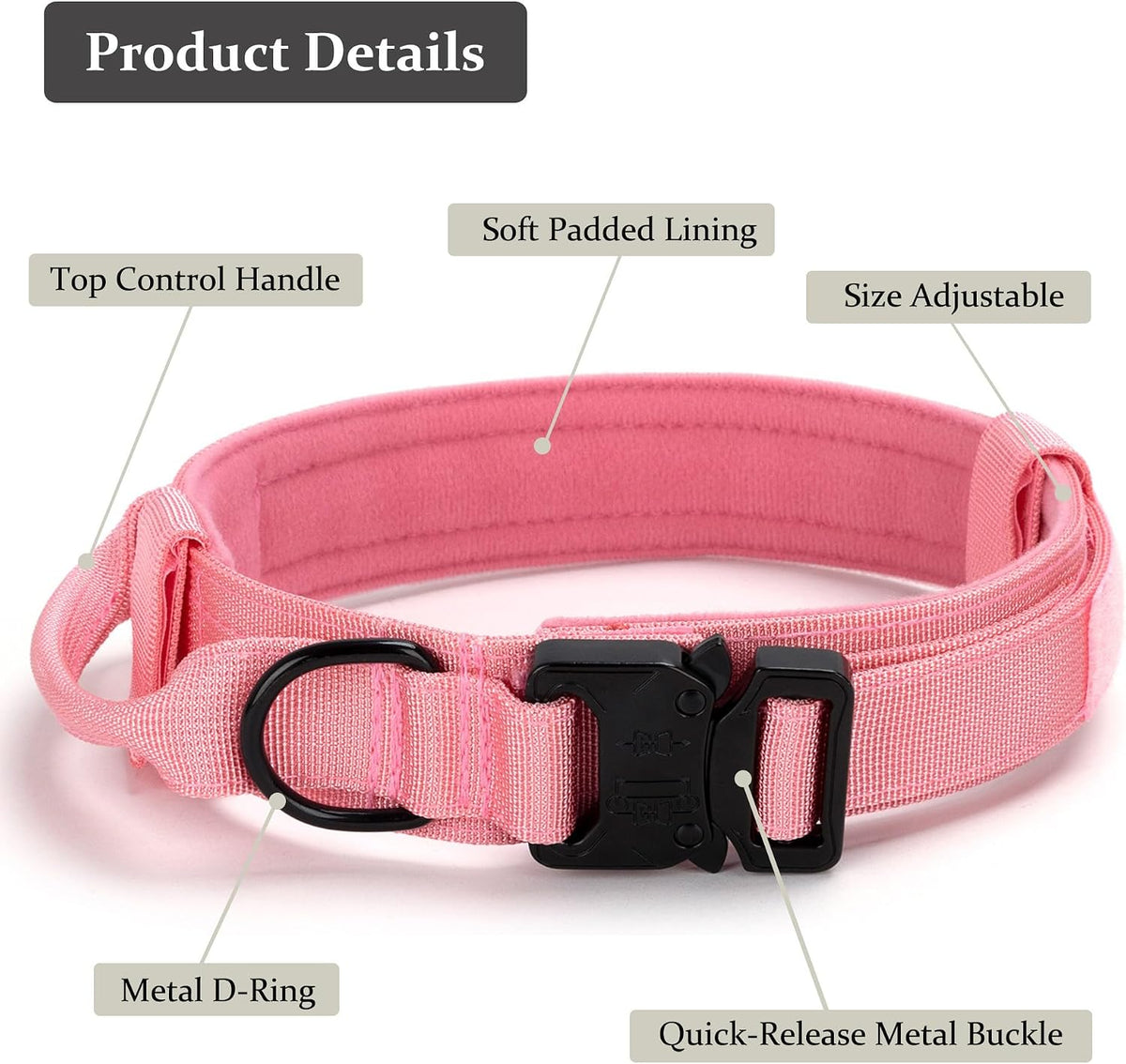 Tactical Dog Collar, Adjustable Military Training Nylon Pet Collar, Black L – Essentials for Dogs - Light Pink / XXLarge :Width 1.5",Neck 24-29" - image 3