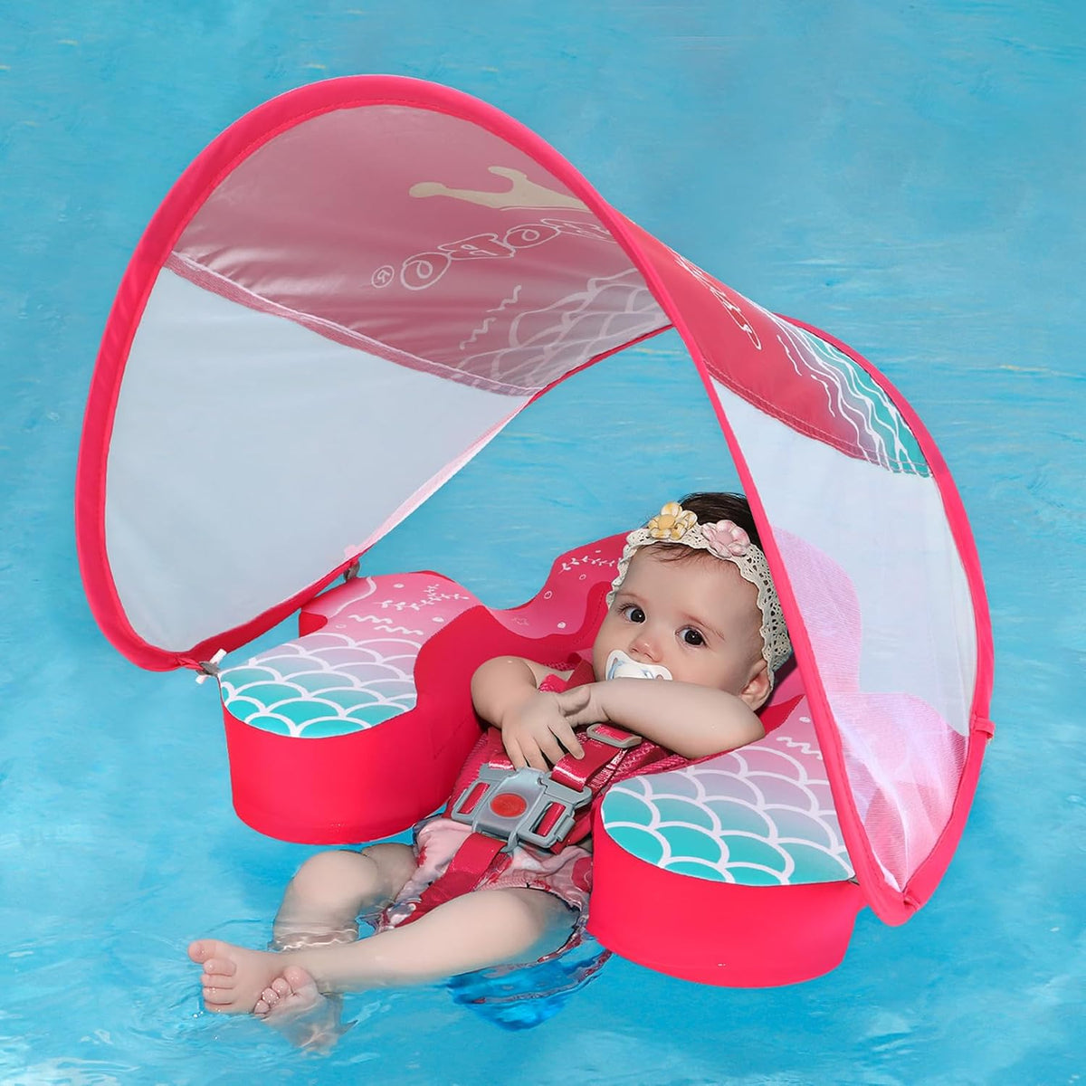 Swimbobo non inflatable baby float for pool with canopy, red mermaid design