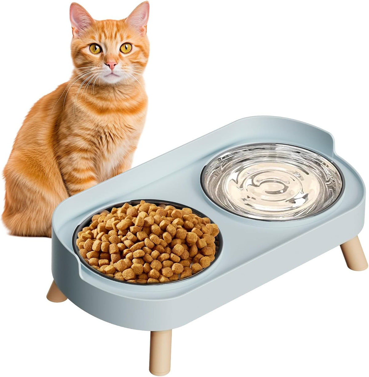 Elevated Cat Bowl, Raised Cat Food and Water Bowl Set for Indoor Cats, Splash Proof with 2 - Cat Bowls-Blue