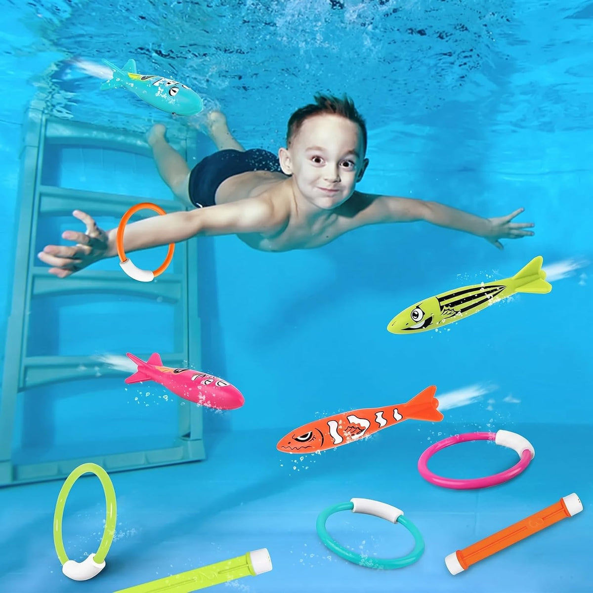 Korlon Tec pool diving toys set with dive sticks, rings and torpedoes - view 2