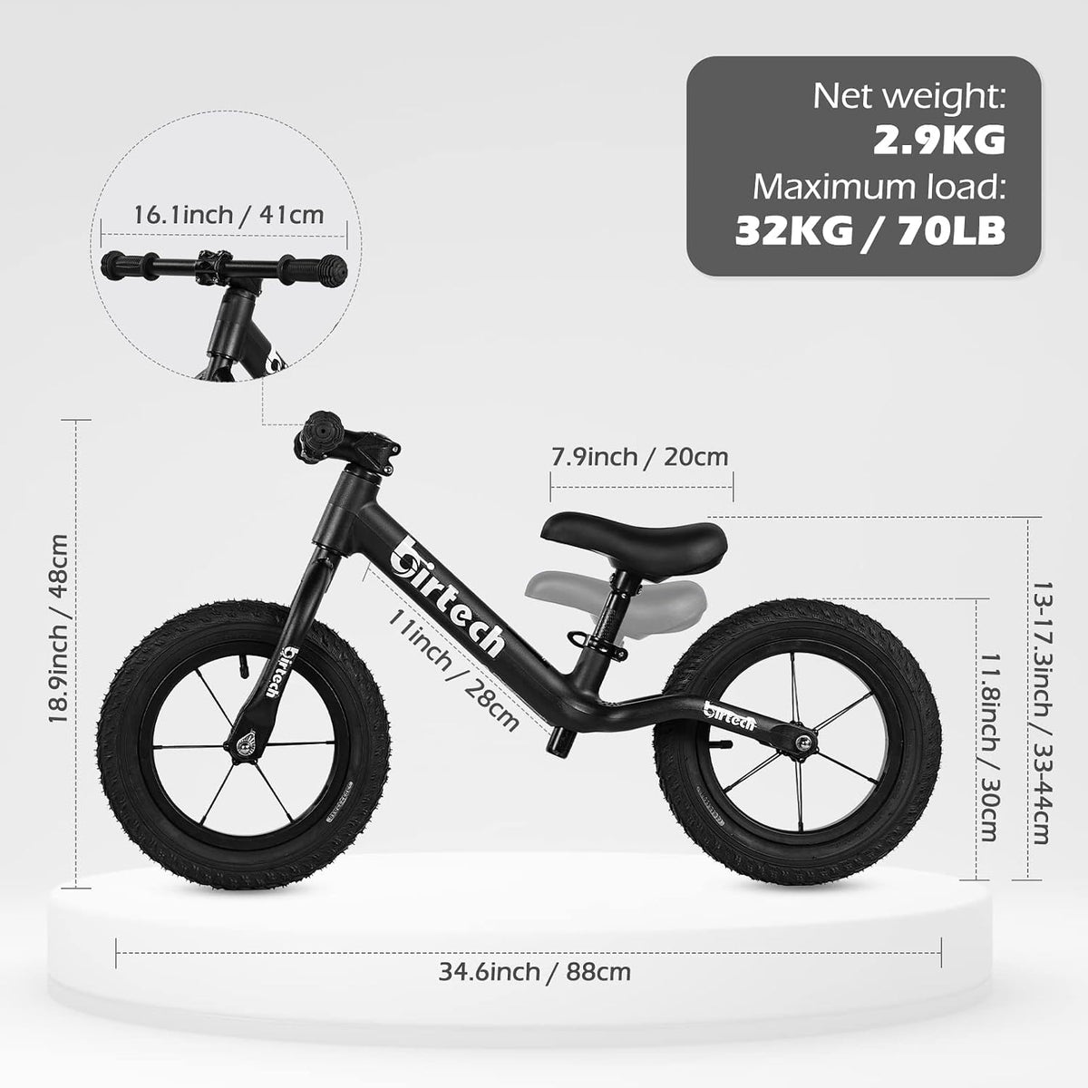 Birtech 12 inch balance bike with air rubber tires, U-shaped footrest and aluminum handlebar - view 9