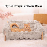 Elevated Cat Couch Bed Wooden Raised Kitty Sofa Lounge Chair – Essentials for Cats - Cat Sofa-Khaki(Light Gray) - image 2