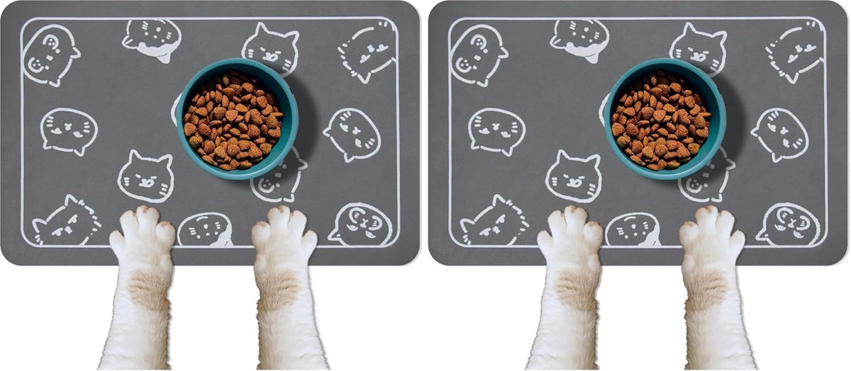 YCT Cat Food Mat for Pet Dog Feeting Mats - Dark Gray & Multiple cat heads Logo / 18.1"L x 11.8"W (Pack of 2)