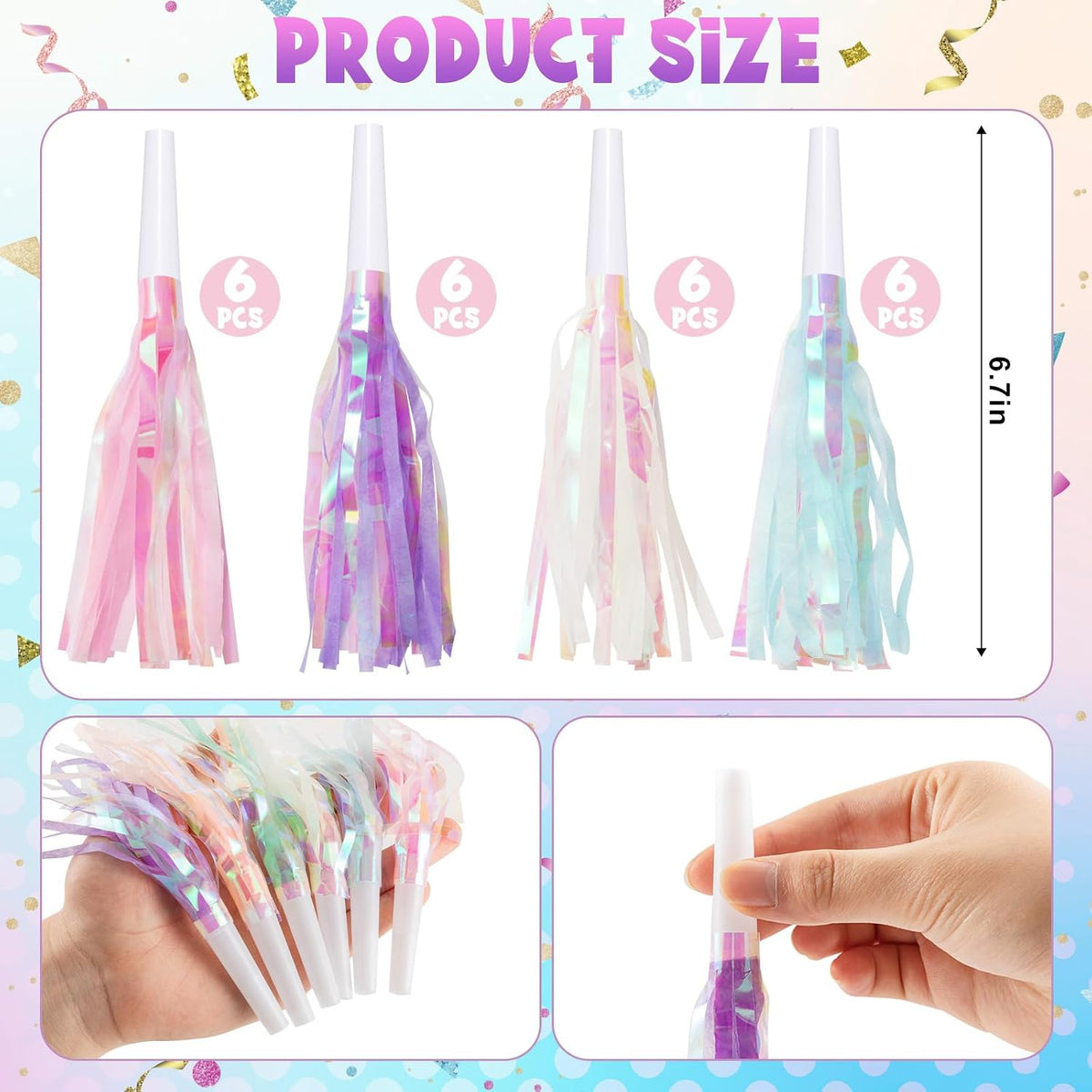 Mermaid party blowers with glitter metallic fringe in pink, purple, white and blue - view 8