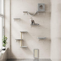 NUNU LAB Cat Wall Shelves, 6 Pcs Luxury Wall-Mounted Cat Climber Set, Indoor Cat Furniture with 1 Condos House, 2 Cat Wall Shelves, 1 Scratching, 1 Bridge Ladder, 1 Scratching Pad, Gray
