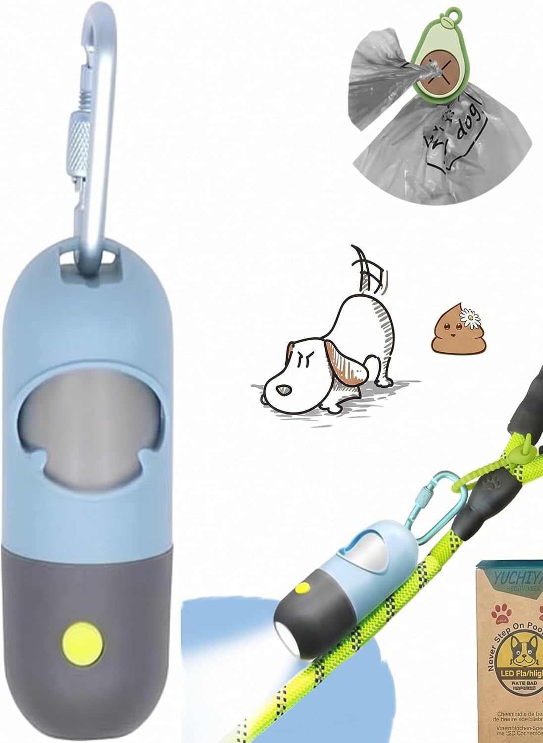 Dog Poop Bag Holder Dispenser with LED Flashlight – Essentials for Dogs - Blue