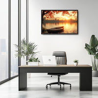 Large Lake Sunrise Landscape Wall Art for Living Room, Nature Boat Canvas Oversized Wall Decor, River Scenery Framed Pictures Painting Print Artwork for Bedroom Office 36"L x 24"W