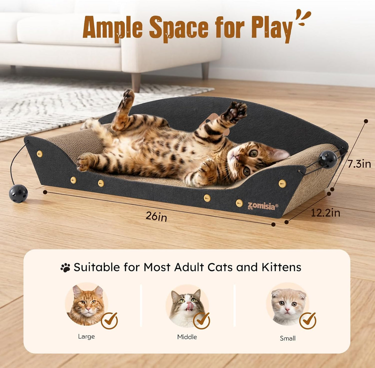 26'' Cardboard Cat Scratcher Bed for Indoor Cats, 1PC, Brown – Essentials for Cats - 1PC-Black - image 2
