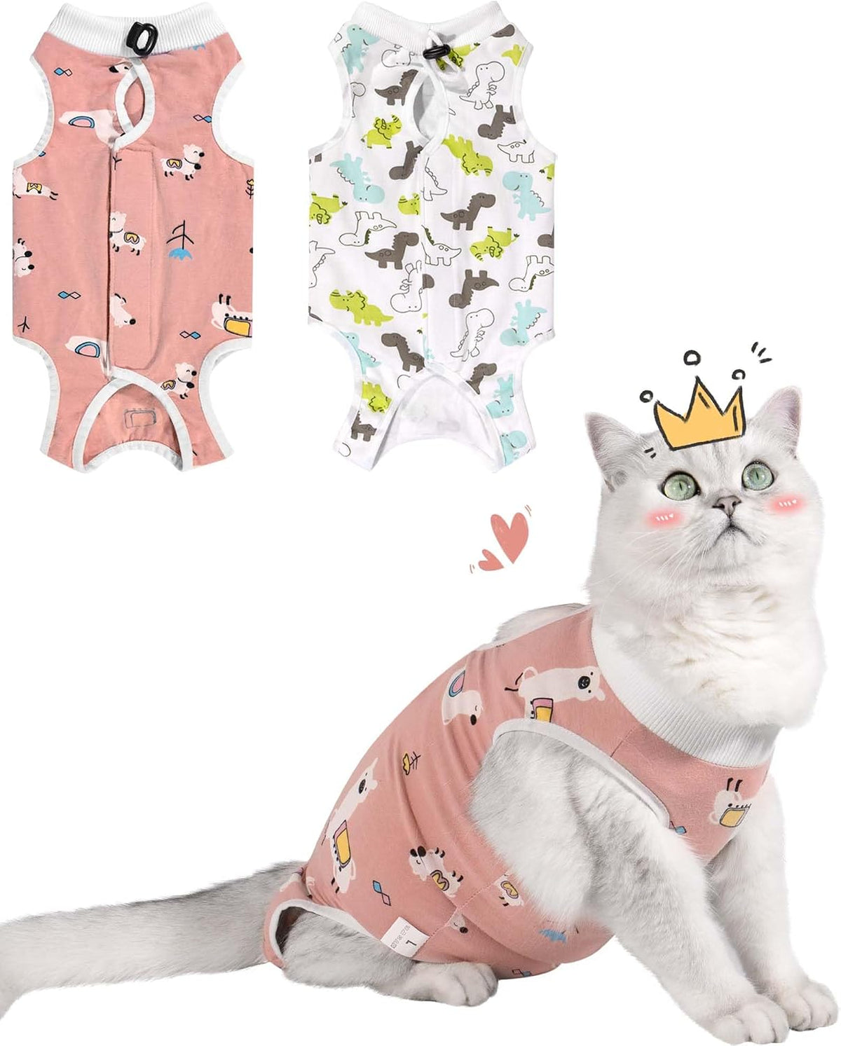 2-pack cat recovery suit for female cats with wide abdomen, drawstring and velcro