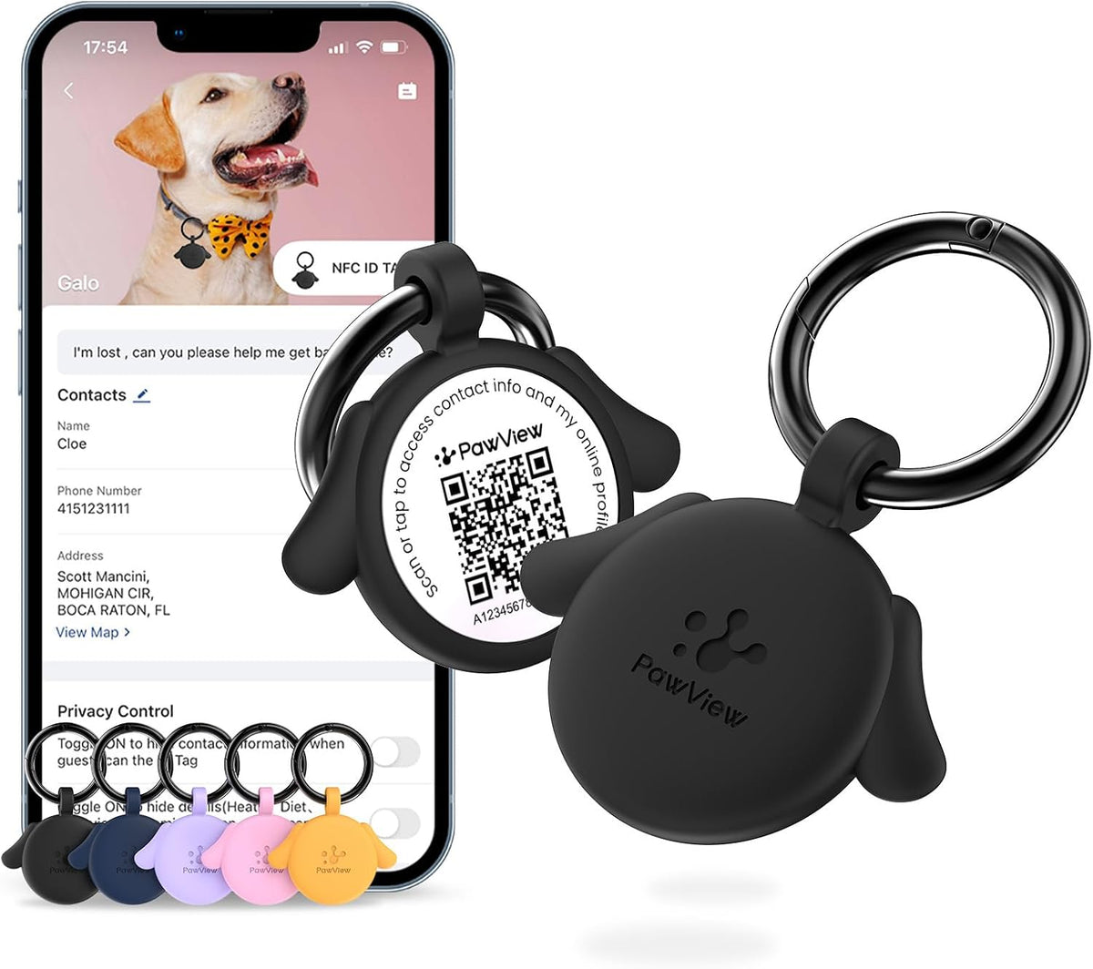 QR & NFC Pet ID Tag, Silent Silicone Dog Name Tag - Black