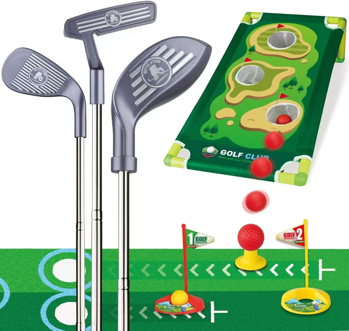 RCROKS kids golf clubs set with three adjustable clubs, balls, putting mat and cornhole board