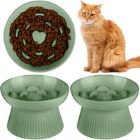 Tioncy 2 Pcs Ceramic Elevated Slow Feeder Cat Bowl - Sage Green / 1