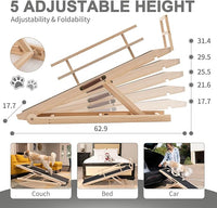 ABORON Folding Wooden Extra Long Dog Ramp, Non-Slip Rubber Mat, 63" Long for High Bed/Couch/Car, 5 Levels Adjustable Pet Ramp, 17.7'' Wide, Supports Small & Large Senior Dogs & Cats up to 200 lbs