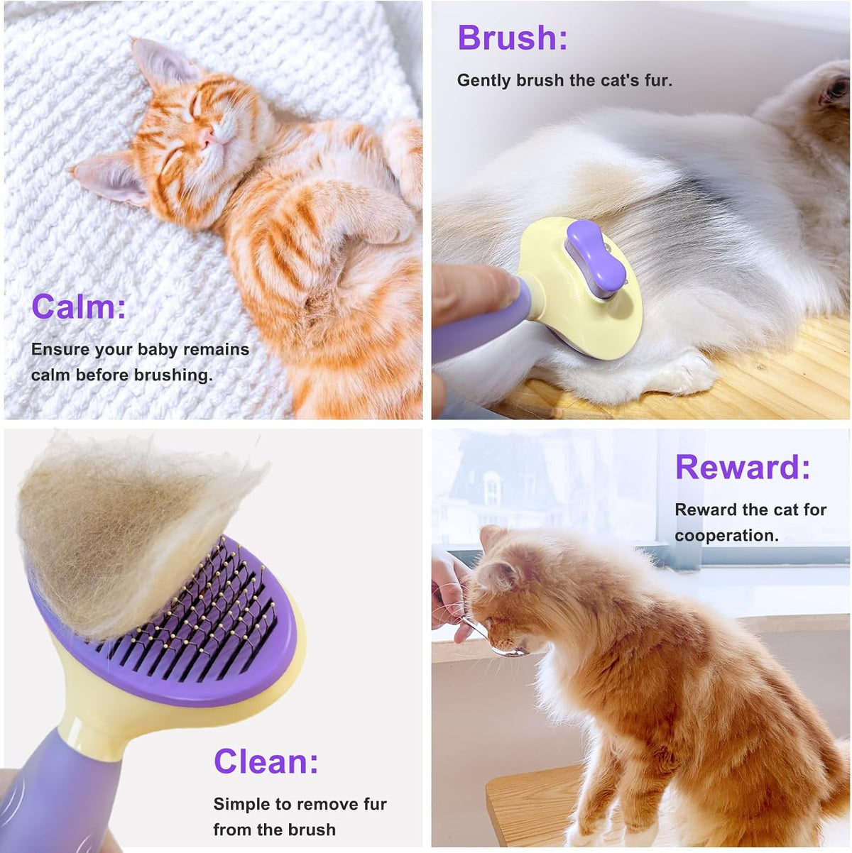Cat Brush for Shedding, Self Cleaning Brush for Long & Short Hair Cats – Essentials for Cats - Purple - image 2