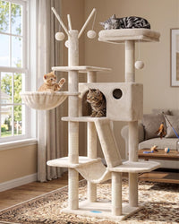 Hey-brother Cat Tree Tower with Padded Platform Bed, Hammock - 53 Inch / Beige