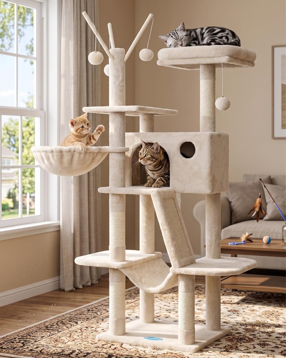 Hey-brother Cat Tree Tower with Padded Platform Bed, Hammock - 53 Inch / Beige