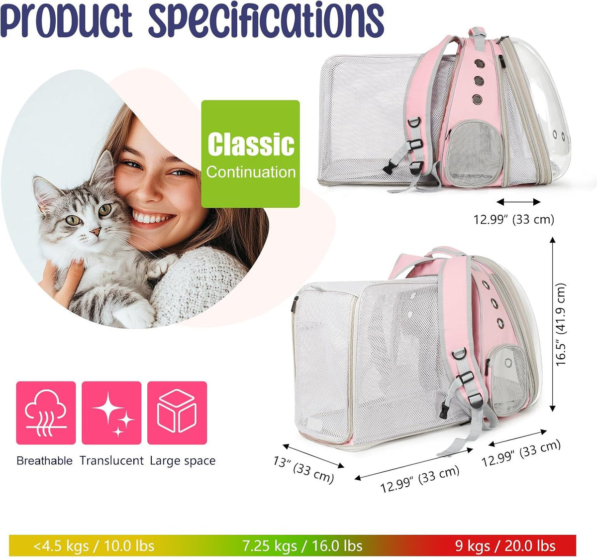 Dual Expandable Large Cat Backpack Carrier – Essentials for Cats - Pink / Square Back - image 2
