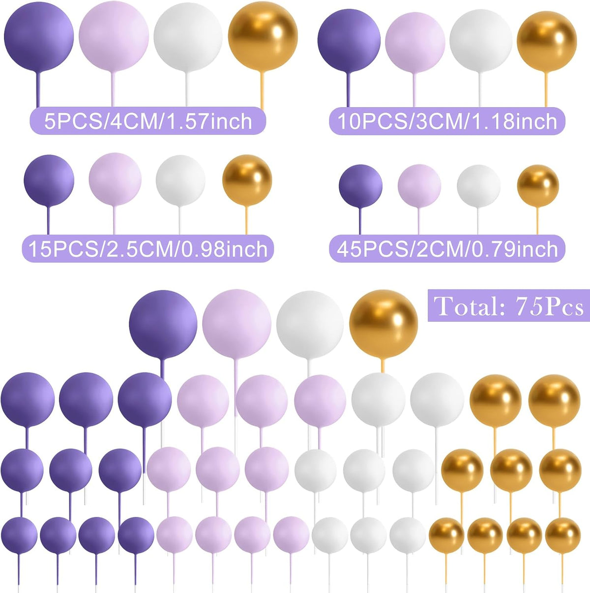 75 Pieces Cake Balls Topper Decorations Foam Cupcake Topper Mini - Purple, Light Purple,gold, White - image 2