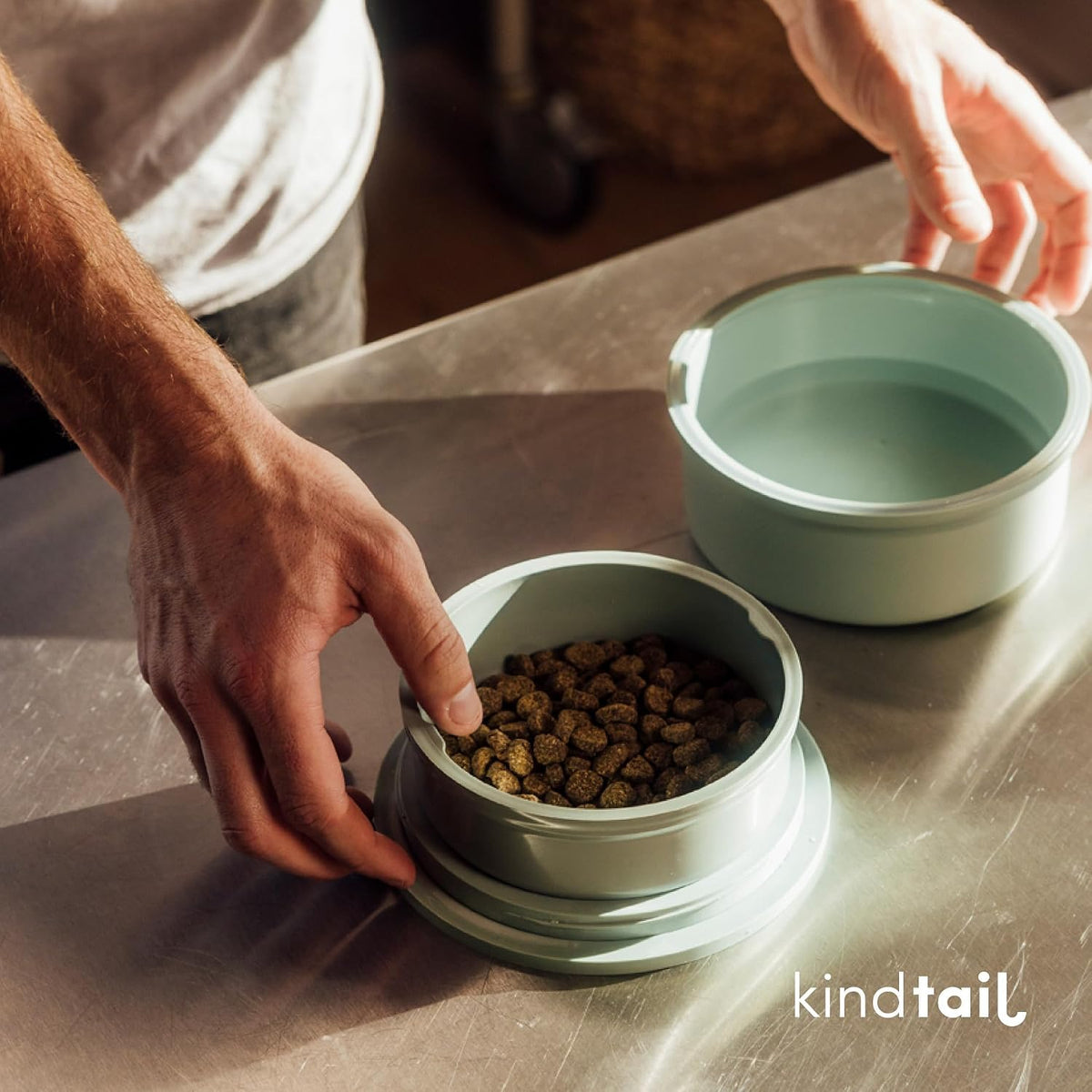 Dog Travel Bowls - Set of 2 Portable Pet Food & Water Dishes with Lid & Handle - Each Nesting - Light Green / Large - image 3