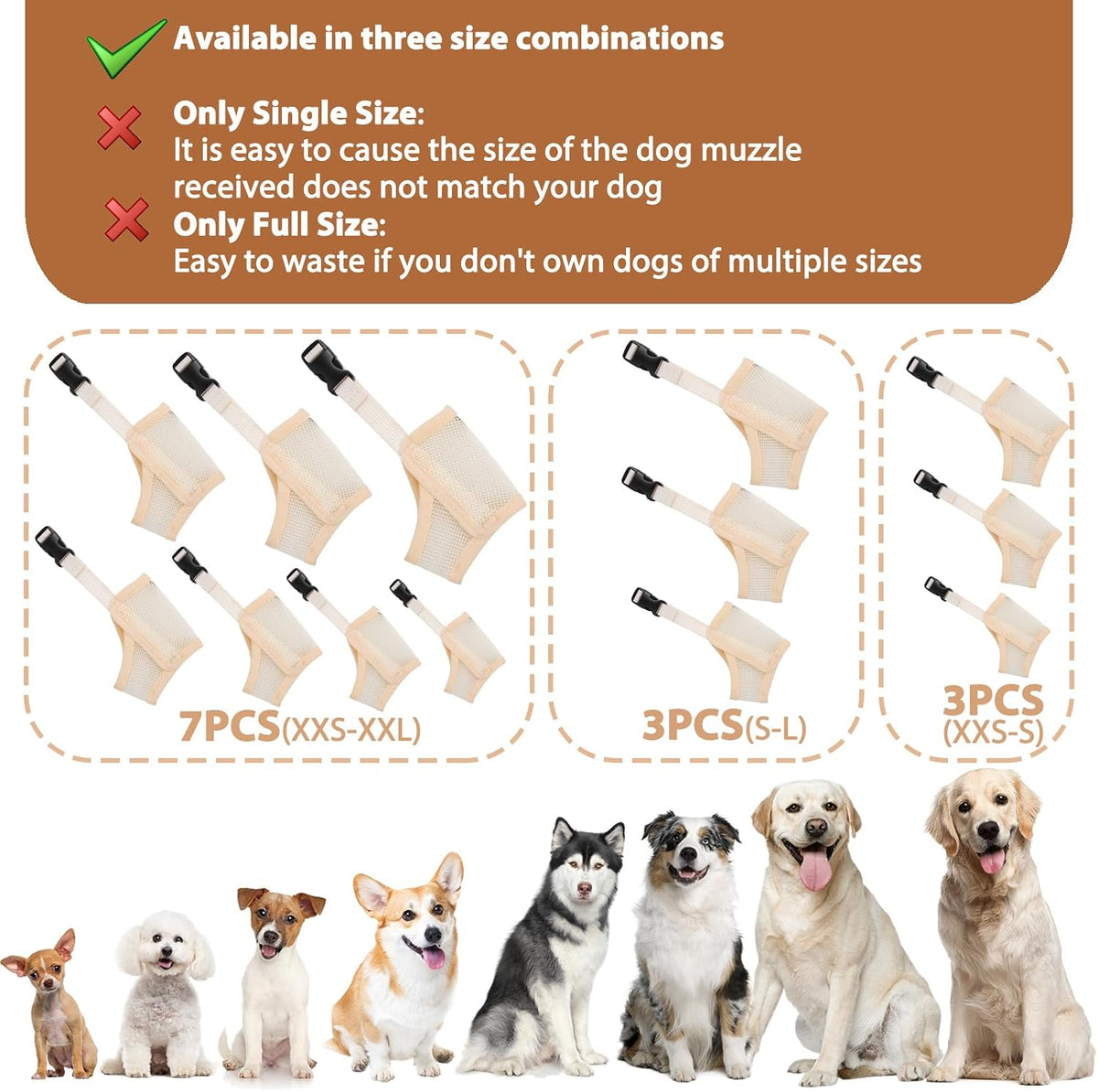 Mesh Dog Muzzle Suits for Small Medium Large Dogs Dog Muzzle Set – Essentials for Dogs - Beige / Full Size 7 PCS(XXS-XXL) - image 3