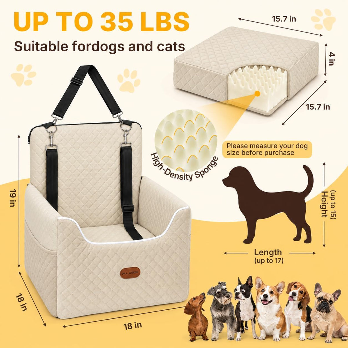 ALL GOOD PET SUPPLIES Dog Car Seat for Small/Medium Dogs Under – Essentials for Dogs - Ivory White - image 3