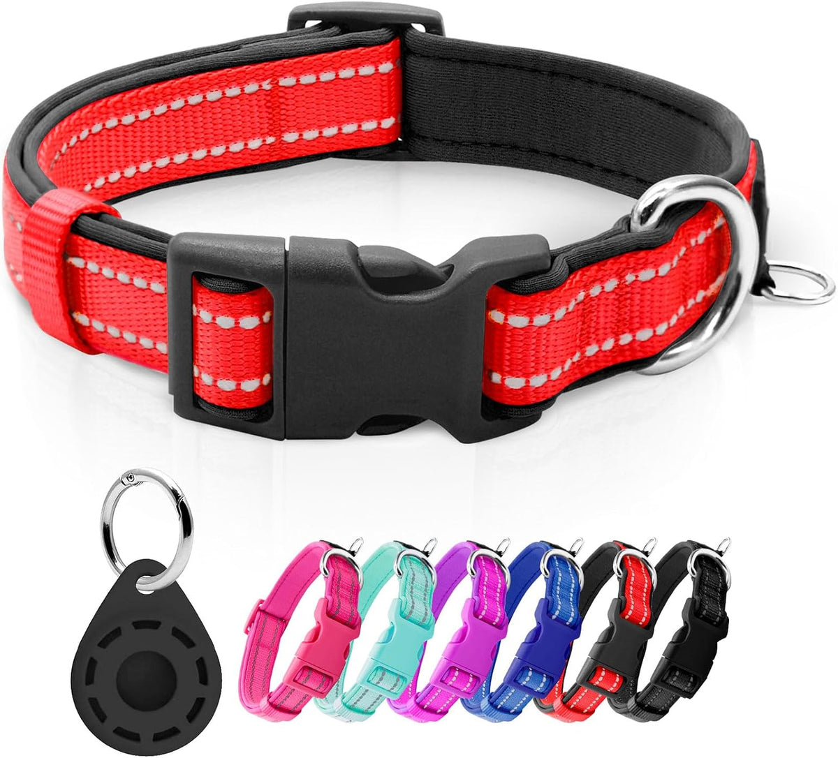 Reflective Dog Collar, Neoprene Padded Small Dog Collar, S - Medium (Pack of 1) / 6#Red（with AirTag Holder）