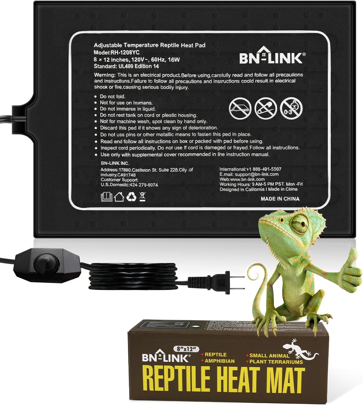 BN-LINK Reptile Heat Pad 6"X8" 8W for 10-20gal Under Tank Terrarium - 8" X 12" with Adjust Knob
