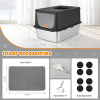 Litter Box with Lid, Stainless Steel Litter Box XL, 14" H Metal Cat Box with High Sides Wall Enclosure, Cat Pan, Non-Sticky, Easy Clean, Anti-Leakage, Black
