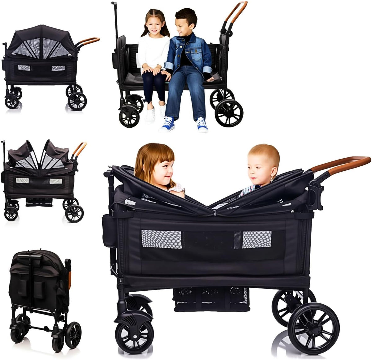 MRZLB Luxury Wagon Stroller for 2 Kids & Cargo-Lightweight Travel - Black