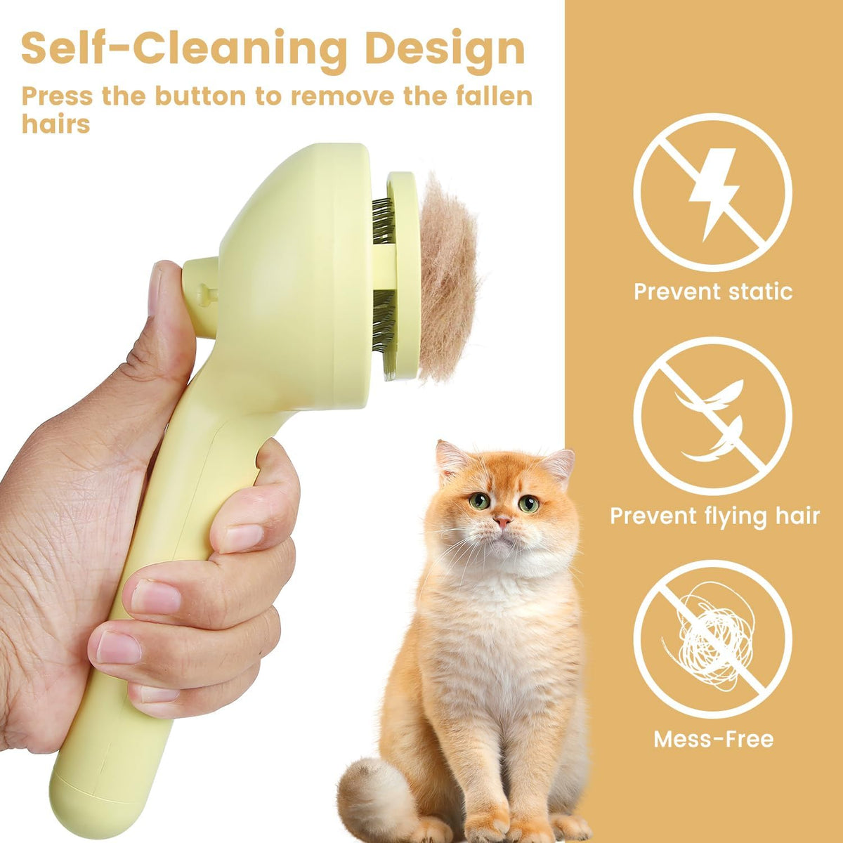 3-in-1 Self Cleaning Cat Brush for Indoor Cats & Dogs Shedding - Yellow - image 3