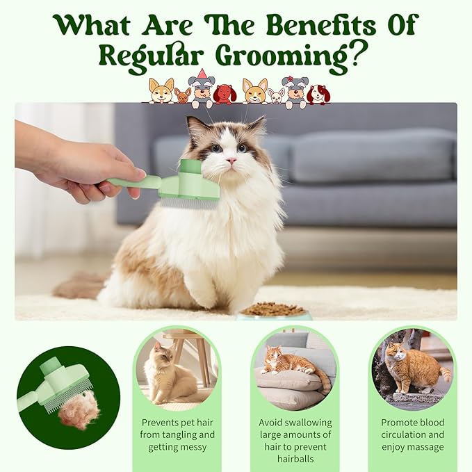 Pet Hair Removal Comb Flea Comb, 2025 New Cat Grooming Brush with Release Button, De-Shedding Cat Brush for Short and Long Hair Cats (Yellow+Green)