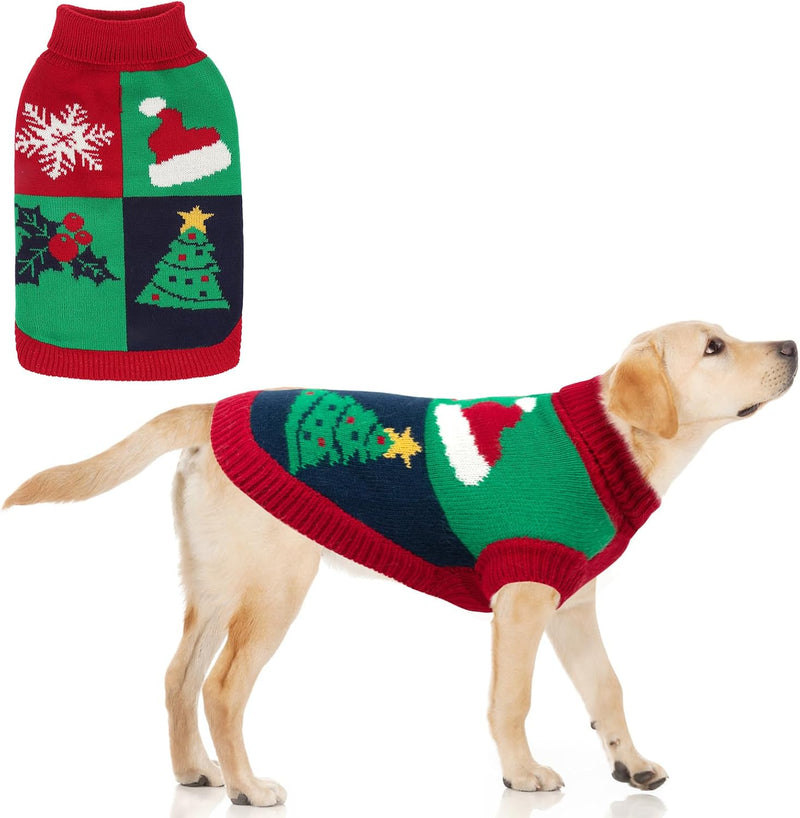 Small Dog Sweater, Fall Dog Sweater with Autumn Maple Leaf Pattern, Cold Weather Pet Knitted - X-Large / Christmas Green&Red