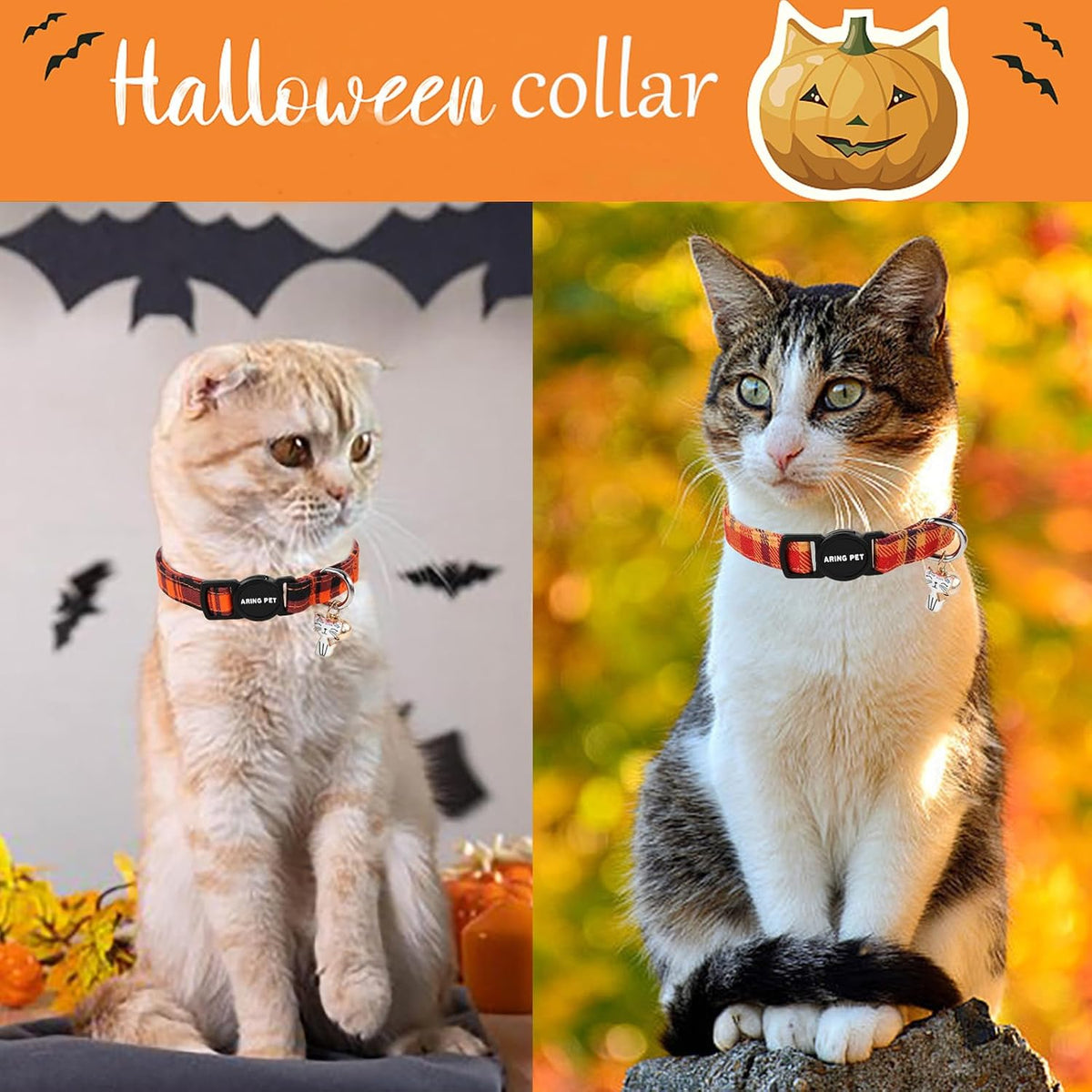 ARING PET 2 Pack Cat Collar-Cute Cotton Cat Collar Breakaway - halloween plaid - image 3