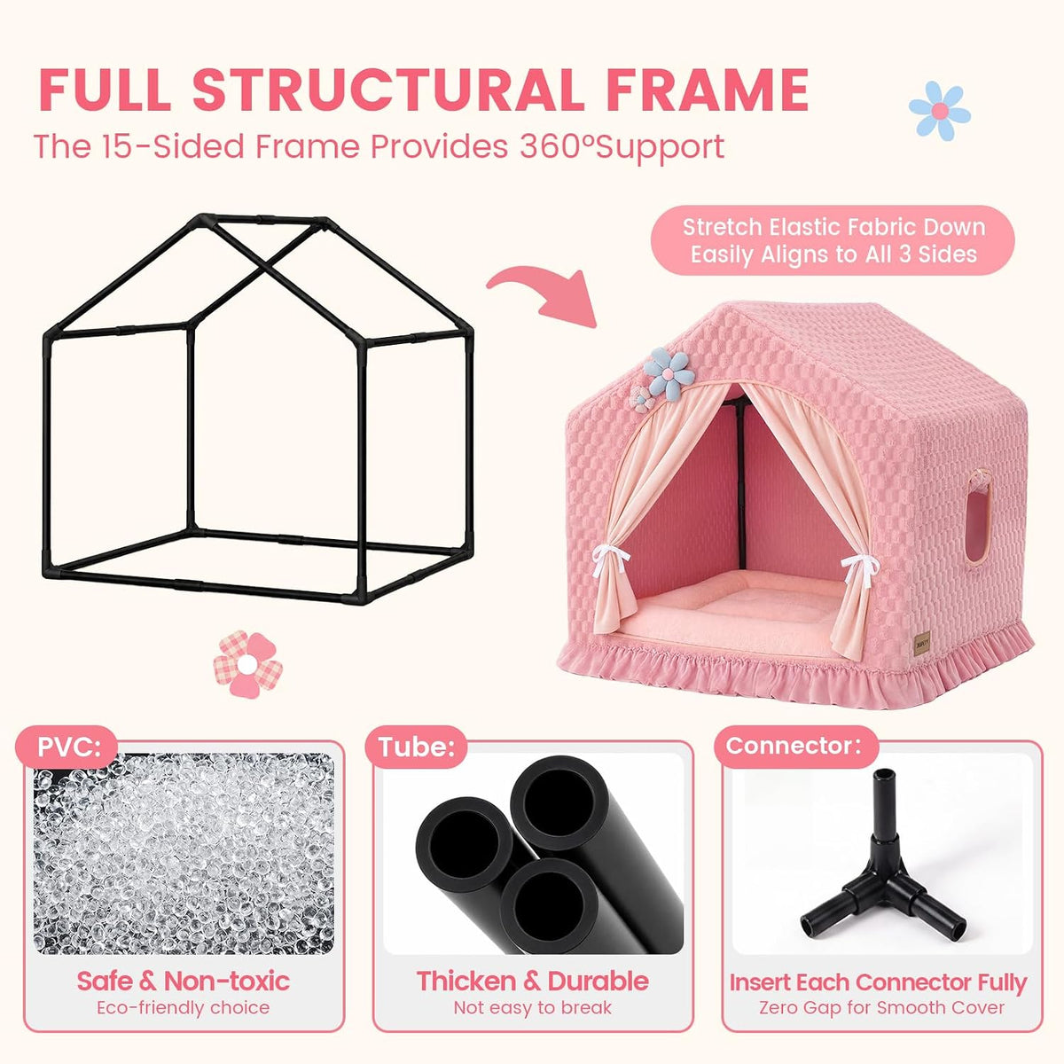 Indoor Dog House with Frame, Cute Dog Tent Bed with Cover Cave - Large ( 25" × 25" × 25" ) / Pink with flannel - image 4
