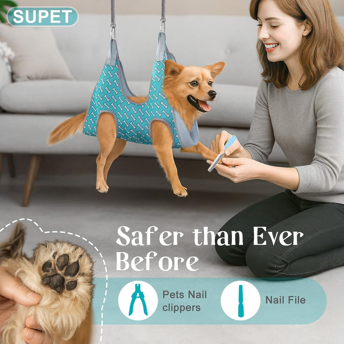 Supet Dog Grooming Hammock for Nail Trimming - M( Max 48 Lb:Leg space: 6.3"-13.5") / Coral Blue - image 3