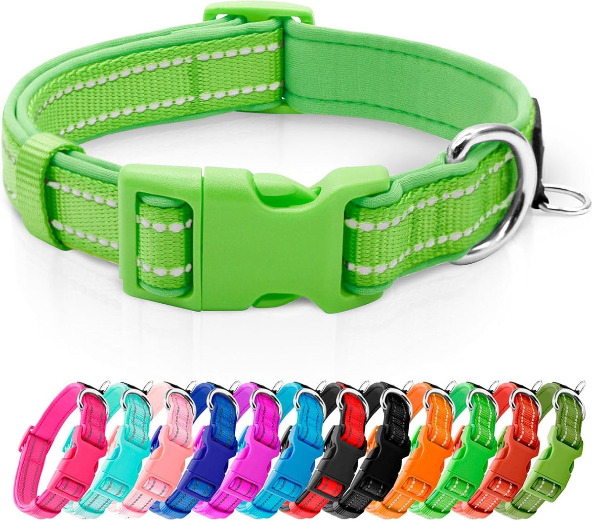 Reflective Dog Collar, Neoprene Padded Small Dog Collar, S - Small (Pack of 1) / Green