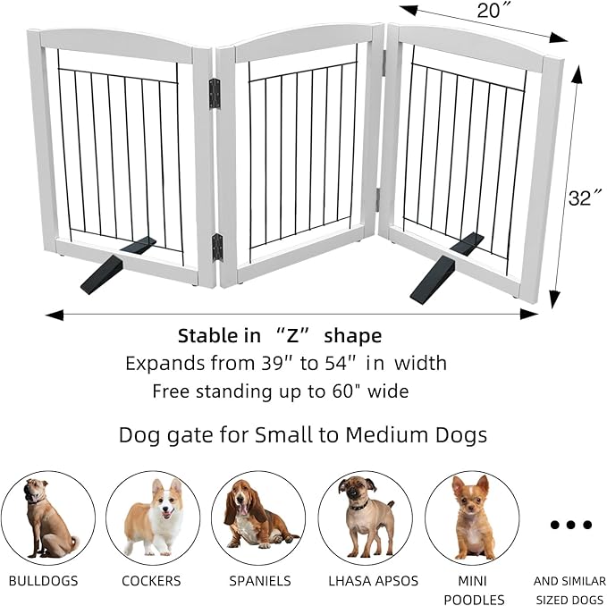 ZJSF Freestanding Dog Fence Indoor, Foldable Dog Gate for Doorways, Stairs or Hallways, Sturdy Wood Extra Wide Pet Gate with Support Feet for The House, White, 32 "Height-3 Panels