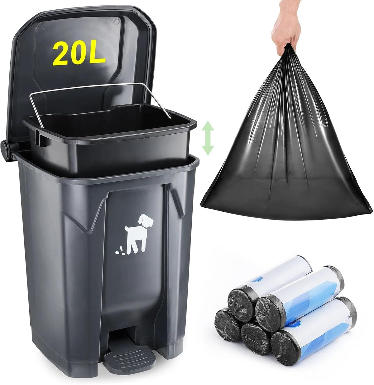 Biubiucat 20L outdoor dog waste container with foot pedal and 150 bags