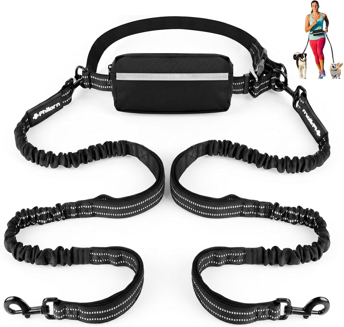 Philorn Hands Free Dog Leash for Dogs with Pouch - Black for 2