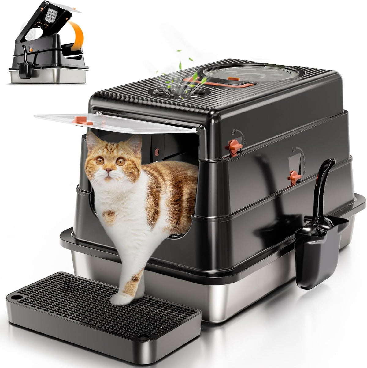 Stainless Steel Cat Litter Box with Lid, XL Large Enclosed - Black